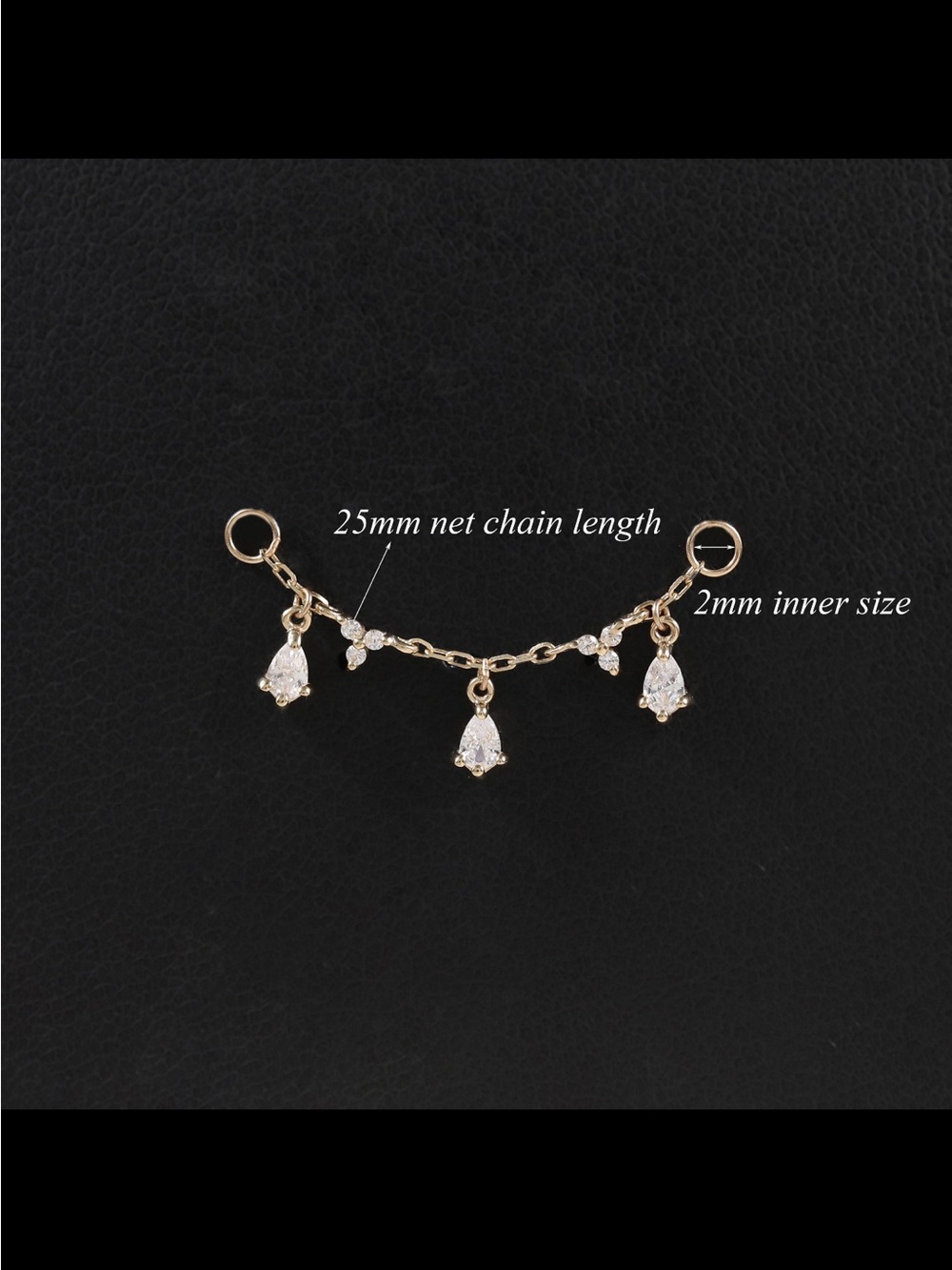 14K Solid Gold Clear CZ Teardrop Dangle Chain - Picture 2 of 3